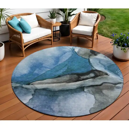8' Blue And Gray Round Abstract Washable Indoor Outdoor Area Rug Photo 2