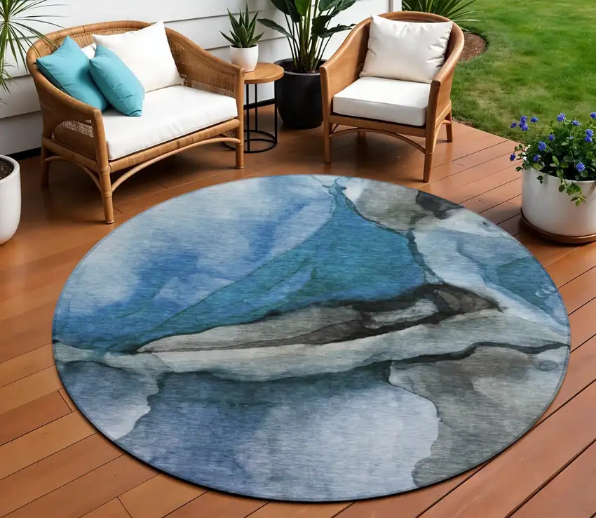 8' Blue And Gray Round Abstract Washable Indoor Outdoor Area Rug Photo 2