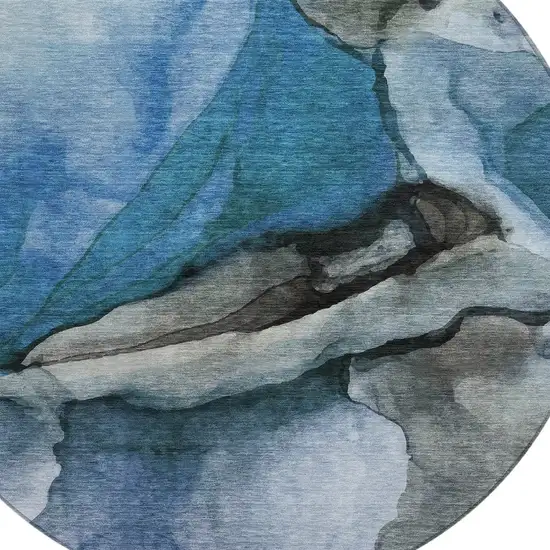 8' Blue And Gray Round Abstract Washable Indoor Outdoor Area Rug Photo 8