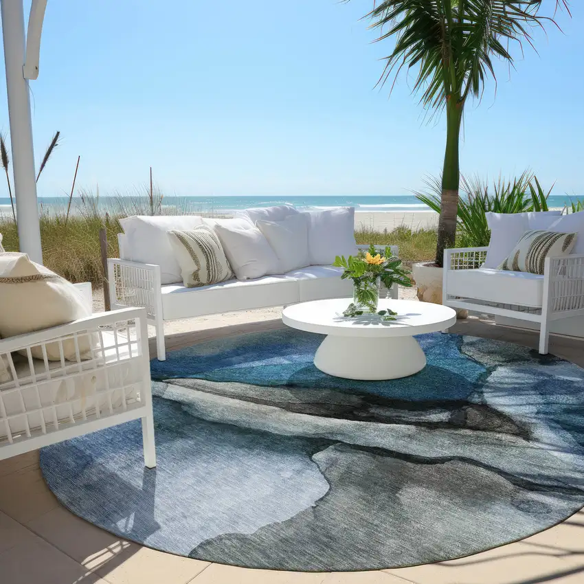 8' Blue And Gray Round Abstract Washable Indoor Outdoor Area Rug Photo 5