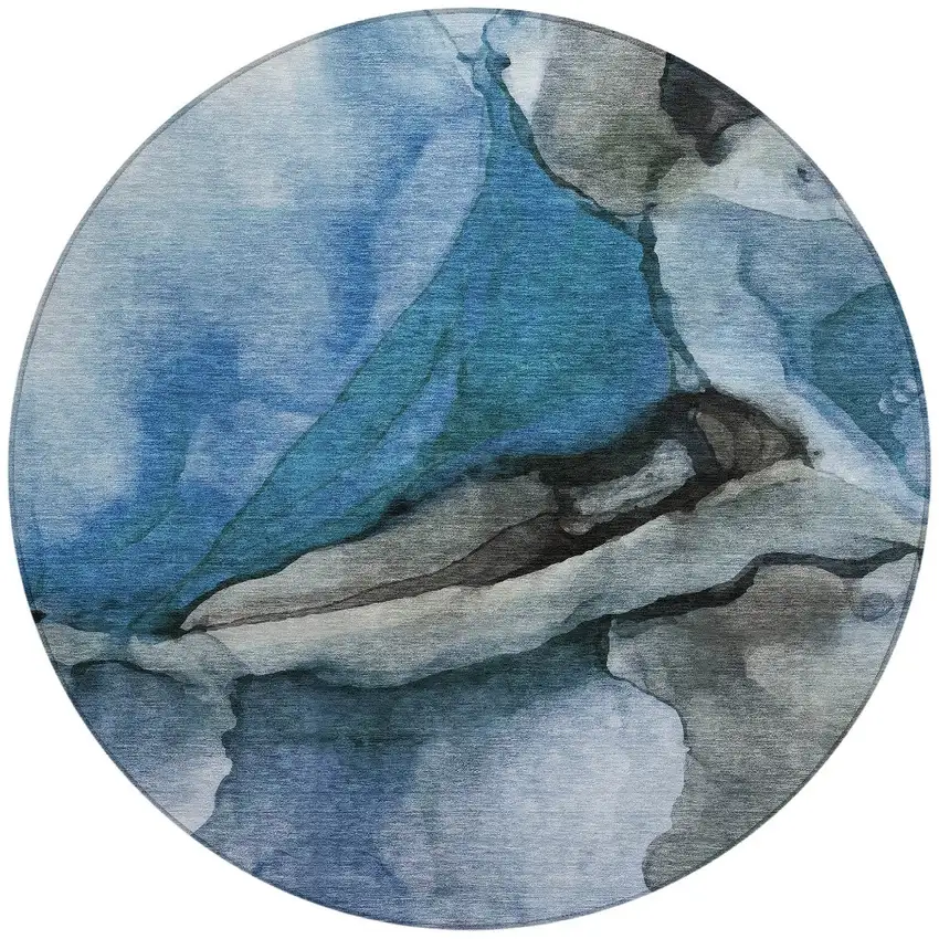 8' Blue And Gray Round Abstract Washable Indoor Outdoor Area Rug Photo 3
