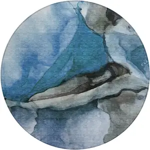 Photo of 8' Blue And Gray Round Abstract Washable Indoor Outdoor Area Rug