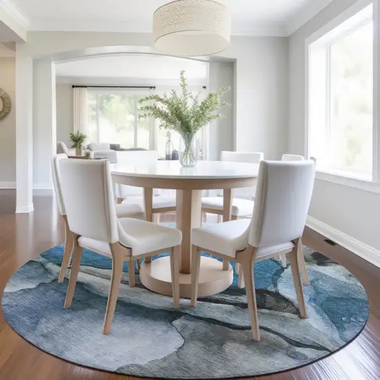 8' Blue And Gray Round Abstract Washable Indoor Outdoor Area Rug Photo 6