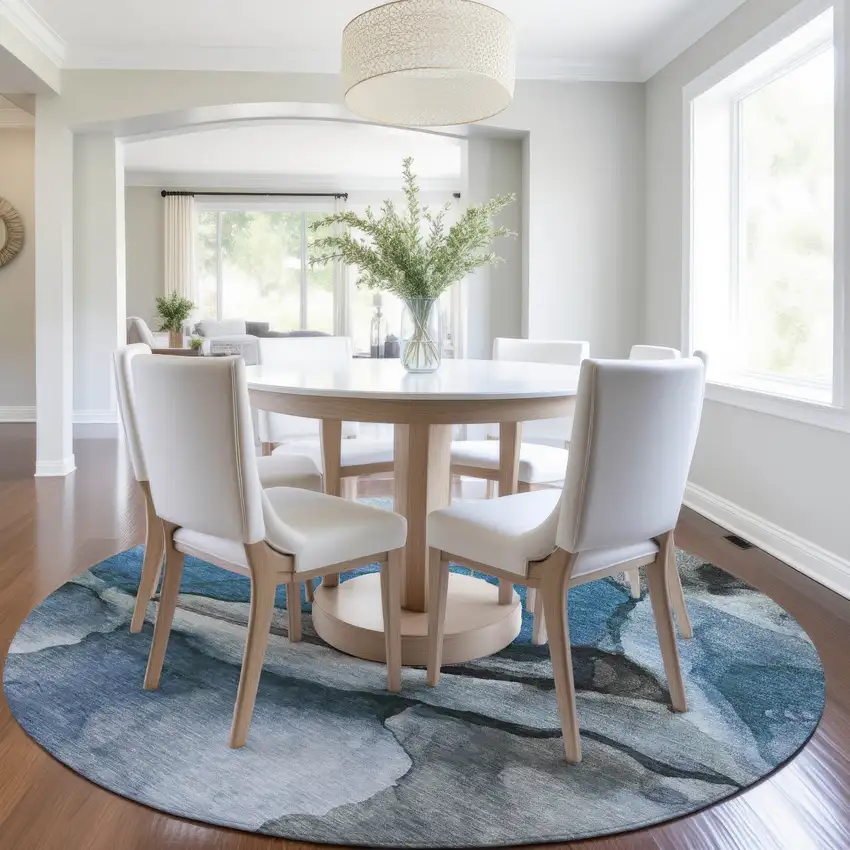 8' Blue And Gray Round Abstract Washable Indoor Outdoor Area Rug Photo 6