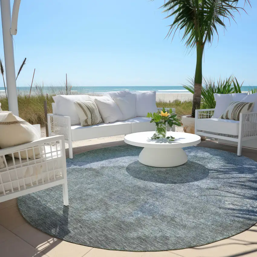 8' Blue And Gray Round Abstract Washable Indoor Outdoor Area Rug Photo 5