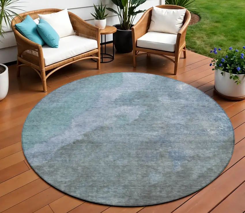 8' Blue And Gray Round Abstract Washable Indoor Outdoor Area Rug Photo 2