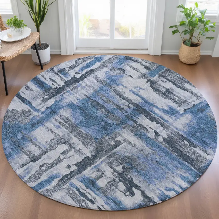8' Blue And Gray Round Abstract Washable Indoor Outdoor Area Rug Photo 5