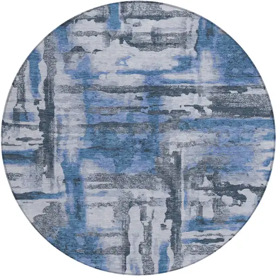 8' Blue And Gray Round Abstract Washable Indoor Outdoor Area Rug Photo 4