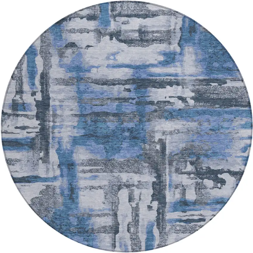 8' Blue And Gray Round Abstract Washable Indoor Outdoor Area Rug Photo 4