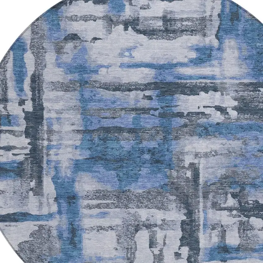 8' Blue And Gray Round Abstract Washable Indoor Outdoor Area Rug Photo 8