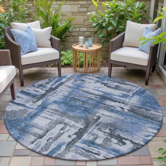 8' Blue And Gray Round Abstract Washable Indoor Outdoor Area Rug Photo 6