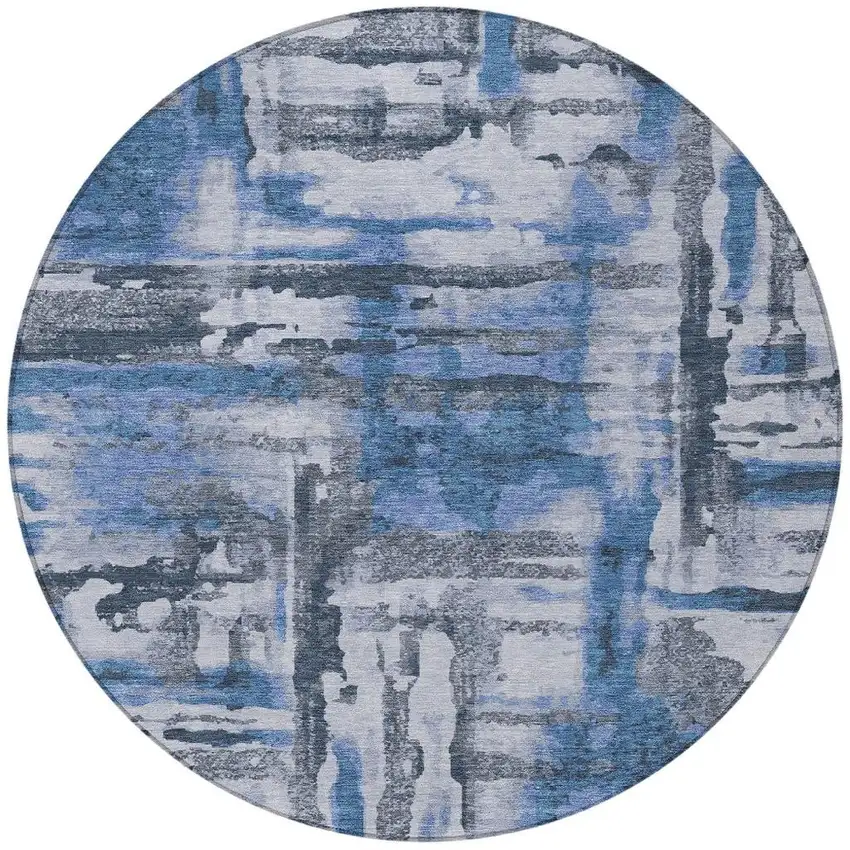 8' Blue And Gray Round Abstract Washable Indoor Outdoor Area Rug Photo 3