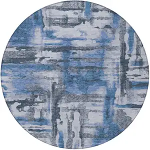 Photo of 8' Blue And Gray Round Abstract Washable Indoor Outdoor Area Rug