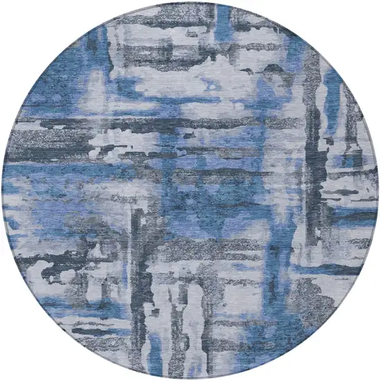 8' Blue And Gray Round Abstract Washable Indoor Outdoor Area Rug Photo 1
