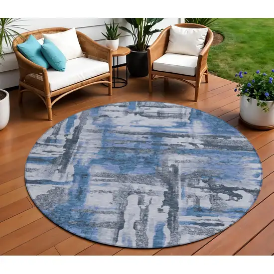 8' Blue And Gray Round Abstract Washable Indoor Outdoor Area Rug Photo 2