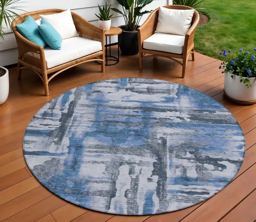 8' Blue And Gray Round Abstract Washable Indoor Outdoor Area Rug Photo 2