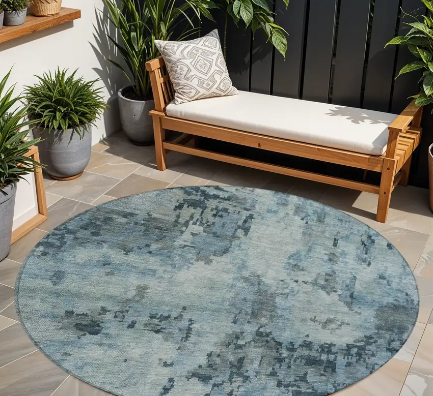 8' Blue And Gray Round Abstract Washable Indoor Outdoor Area Rug Photo 1