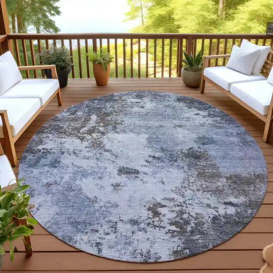 8' Blue And Gray Round Abstract Washable Indoor Outdoor Area Rug Photo 4