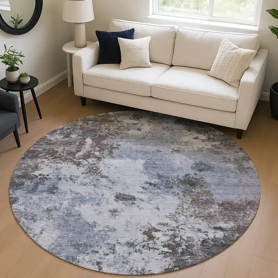 8' Blue And Gray Round Abstract Washable Indoor Outdoor Area Rug Photo 5