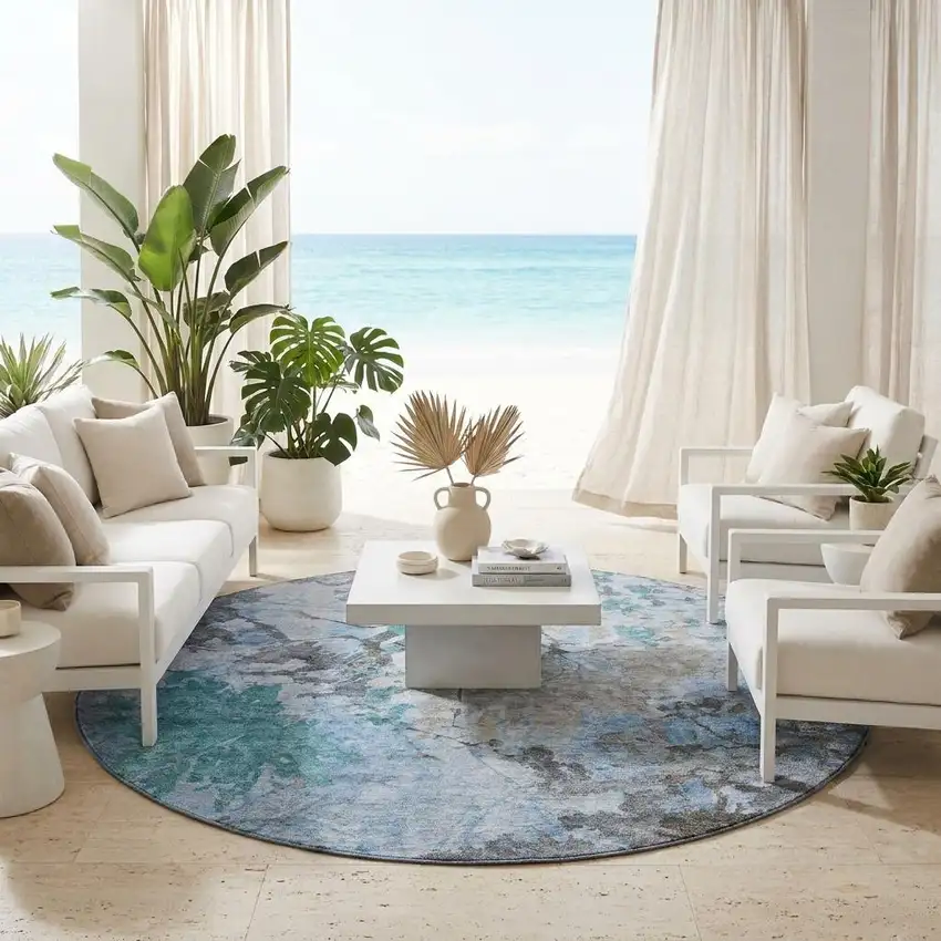 8' Blue And Gray Round Abstract Washable Indoor Outdoor Area Rug Photo 1
