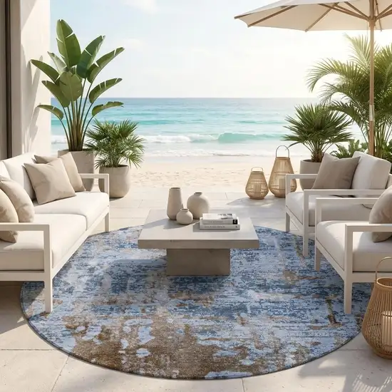 8' Blue And Gray Round Abstract Washable Indoor Outdoor Area Rug Photo 1