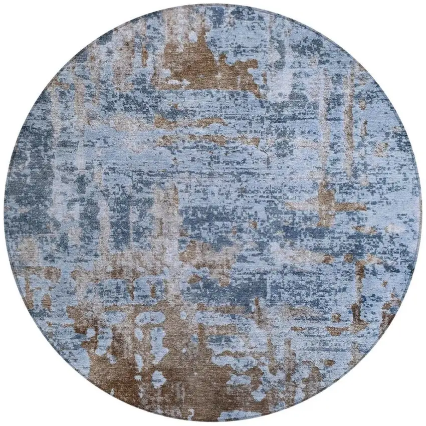 8' Blue And Gray Round Abstract Washable Indoor Outdoor Area Rug Photo 4