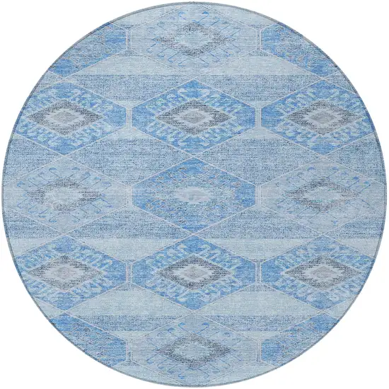 8' Blue And Gray Round Aztec Washable Indoor Outdoor Area Rug Photo 3