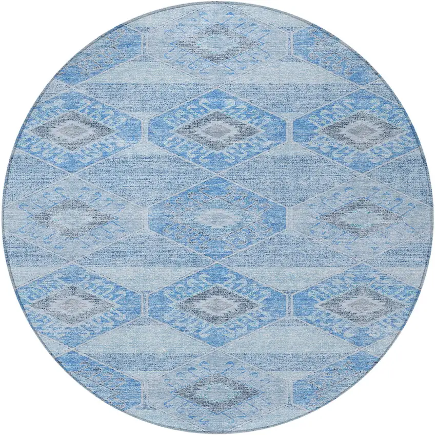 8' Blue And Gray Round Aztec Washable Indoor Outdoor Area Rug Photo 3
