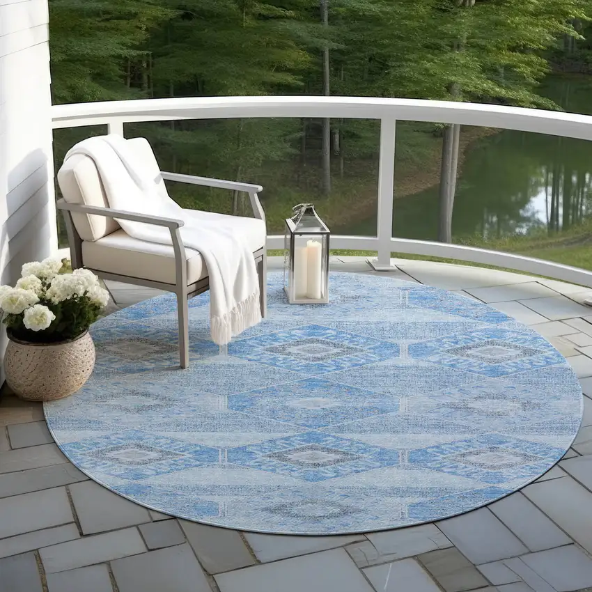 8' Blue And Gray Round Aztec Washable Indoor Outdoor Area Rug Photo 5