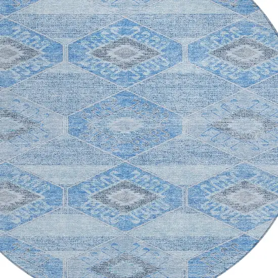 8' Blue And Gray Round Aztec Washable Indoor Outdoor Area Rug Photo 8