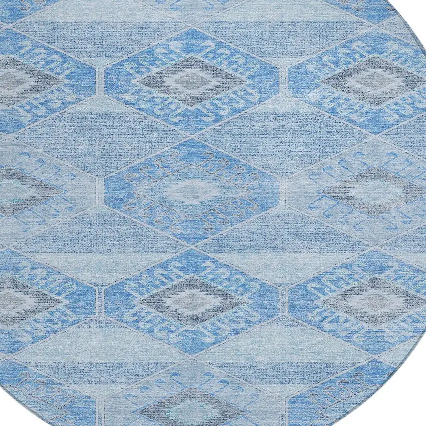 8' Blue And Gray Round Aztec Washable Indoor Outdoor Area Rug Photo 8