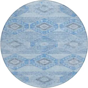 Photo of 8' Blue And Gray Round Aztec Washable Indoor Outdoor Area Rug