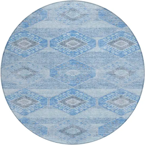 8' Blue And Gray Round Aztec Washable Indoor Outdoor Area Rug Photo 1