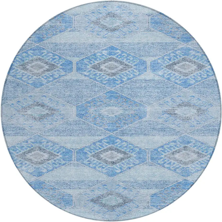 8' Blue And Gray Round Aztec Washable Indoor Outdoor Area Rug Photo 1