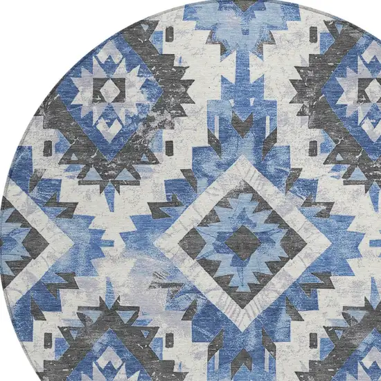 8' Blue And Gray Round Aztec Washable Indoor Outdoor Area Rug Photo 7