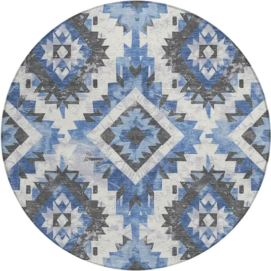 8' Blue And Gray Round Aztec Washable Indoor Outdoor Area Rug Photo 1