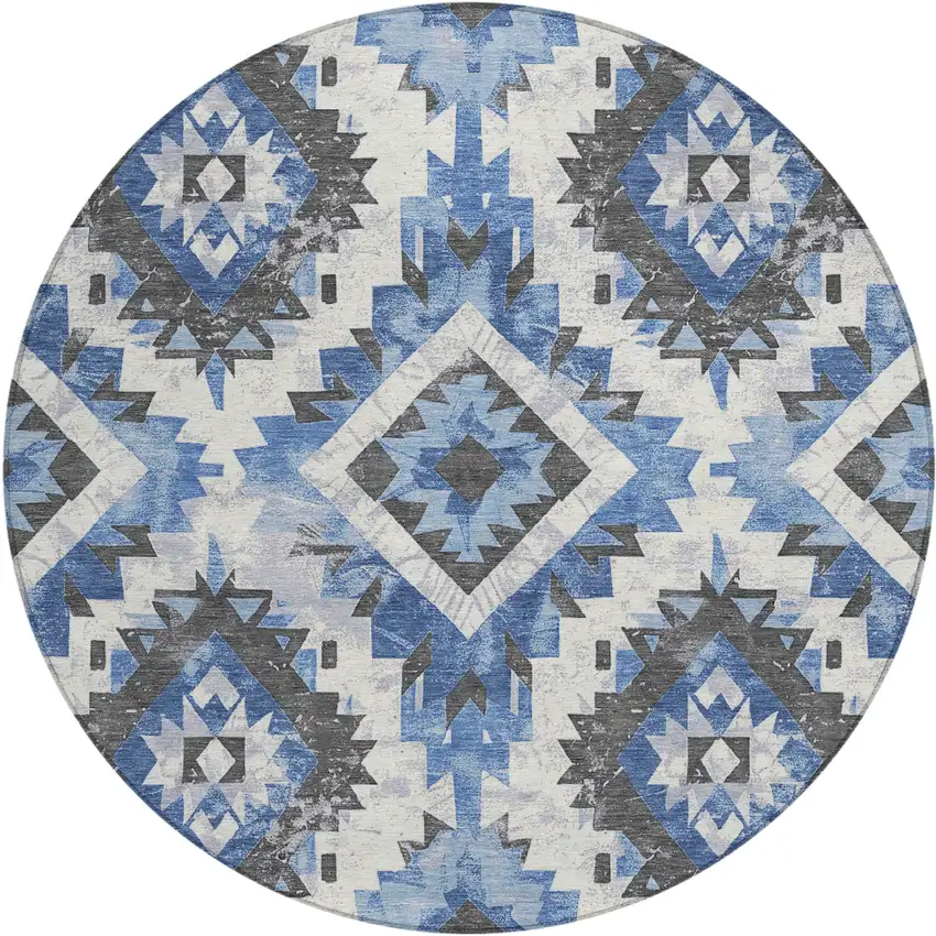 8' Blue And Gray Round Aztec Washable Indoor Outdoor Area Rug Photo 1