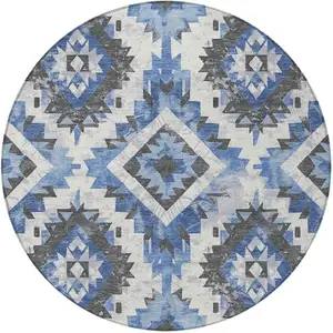 Photo of 8' Blue And Gray Round Aztec Washable Indoor Outdoor Area Rug