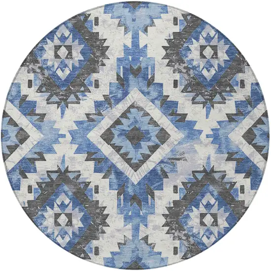 8' Blue And Gray Round Aztec Washable Indoor Outdoor Area Rug Photo 3