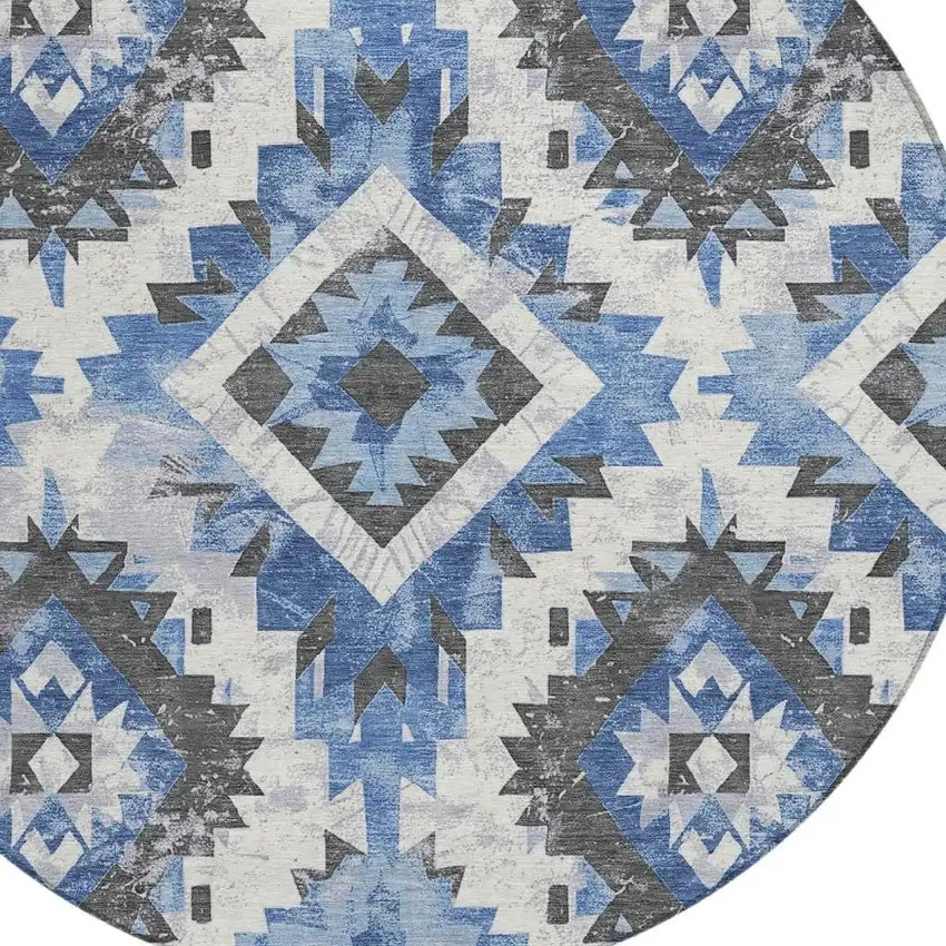 8' Blue And Gray Round Aztec Washable Indoor Outdoor Area Rug Photo 4