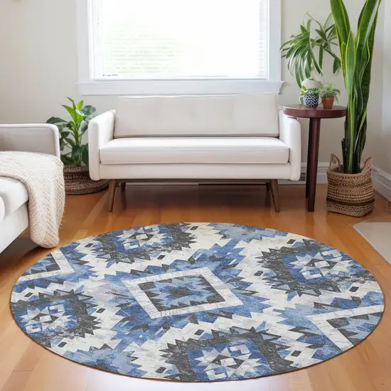 8' Blue And Gray Round Aztec Washable Indoor Outdoor Area Rug Photo 6