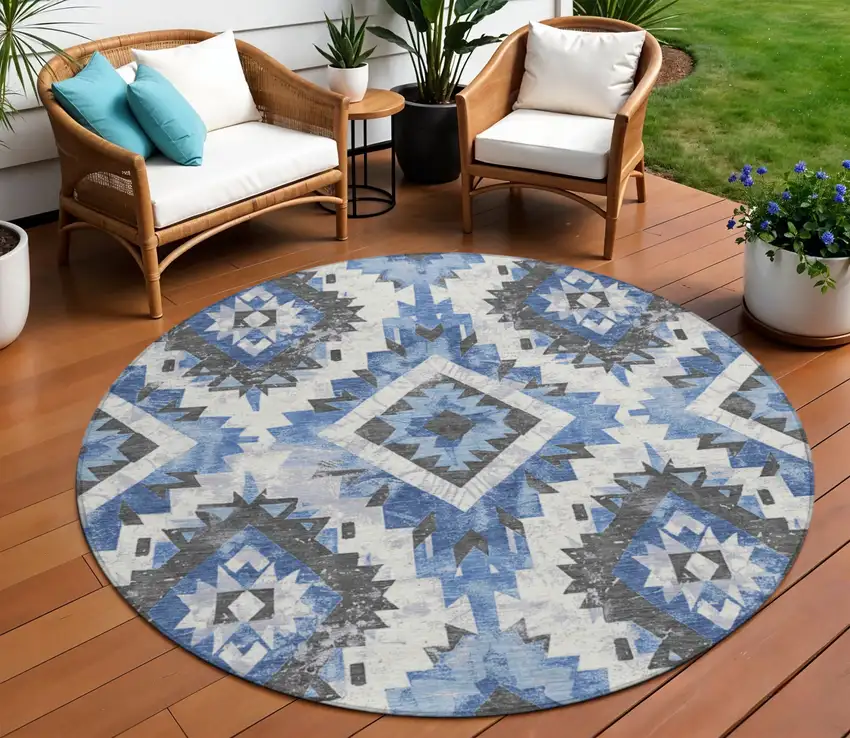 8' Blue And Gray Round Aztec Washable Indoor Outdoor Area Rug Photo 2