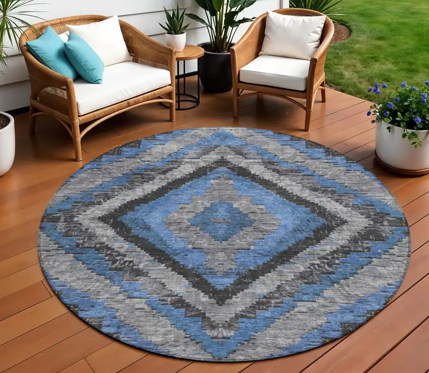 8' Blue And Gray Round Aztec Washable Indoor Outdoor Area Rug Photo 2