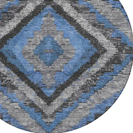 8' Blue And Gray Round Aztec Washable Indoor Outdoor Area Rug Photo 9