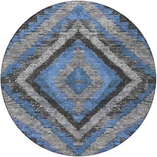 8' Blue And Gray Round Aztec Washable Indoor Outdoor Area Rug Photo 3