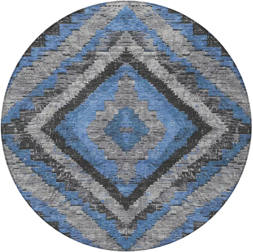 8' Blue And Gray Round Aztec Washable Indoor Outdoor Area Rug Photo 3