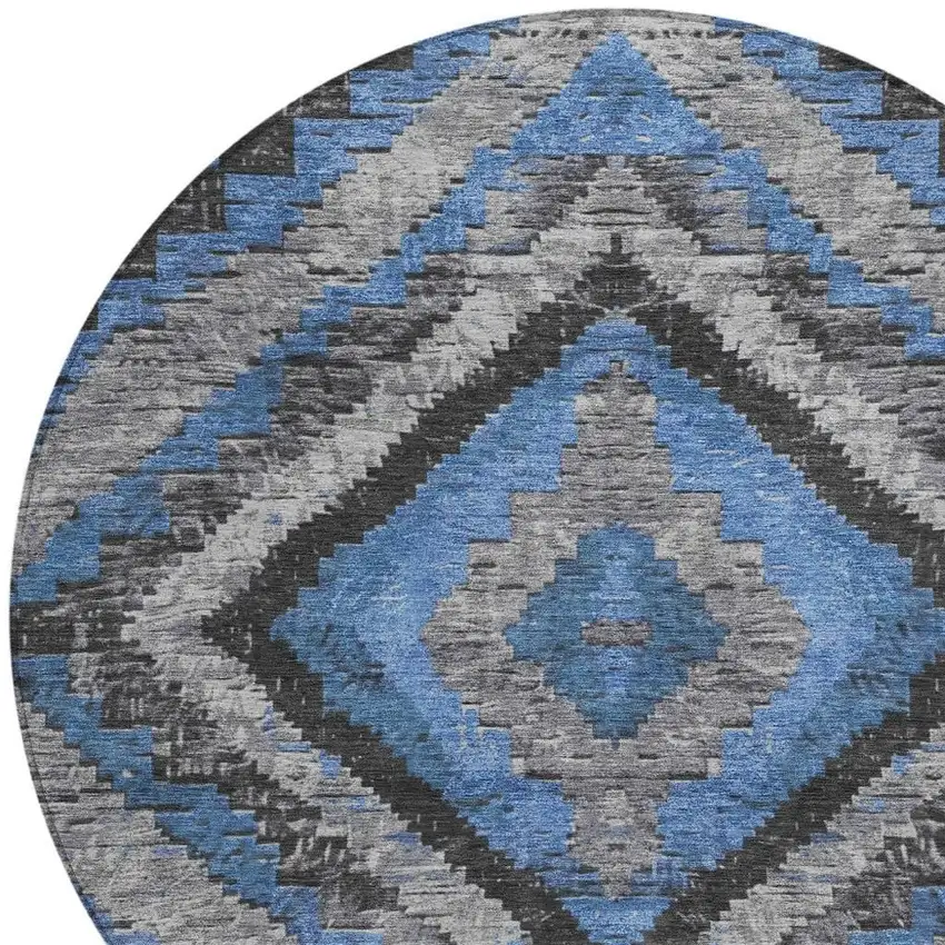 8' Blue And Gray Round Aztec Washable Indoor Outdoor Area Rug Photo 4