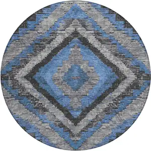 Photo of 8' Blue And Gray Round Aztec Washable Indoor Outdoor Area Rug
