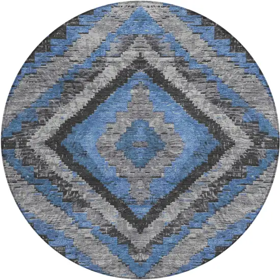 8' Blue And Gray Round Aztec Washable Indoor Outdoor Area Rug Photo 1