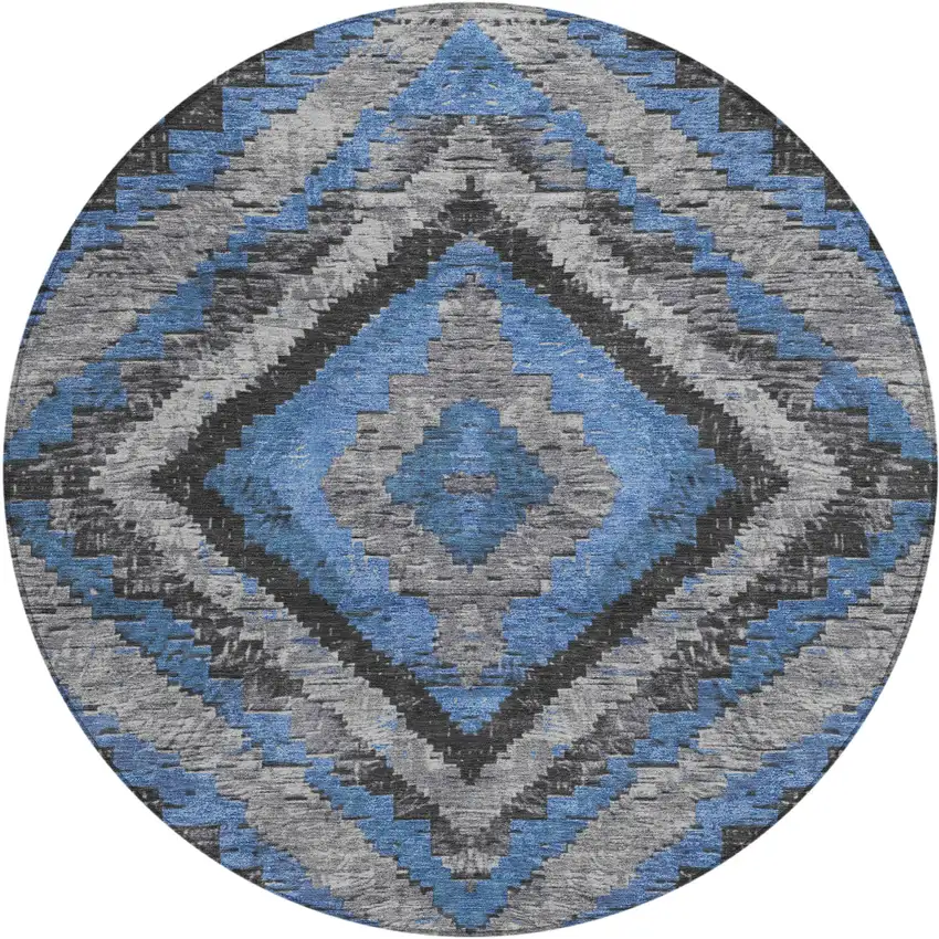 8' Blue And Gray Round Aztec Washable Indoor Outdoor Area Rug Photo 1